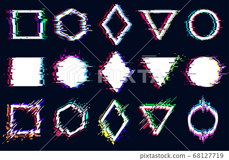 Vector abstract geometric shapes with glitch effect, digital defect, frame distortion, square, hexagon, rhombus, triangle, circle with vhs noise 68127719