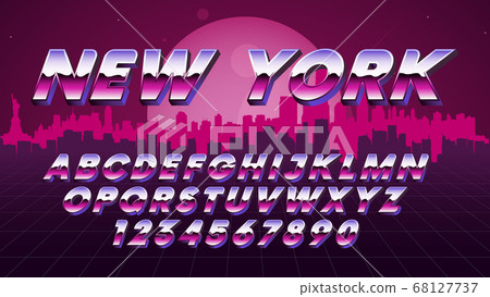 Retro futuristic latin font, letters and numbers metallic gradient effect, vector typeface for poster, print, web on the background new york skyline vector font 68127737