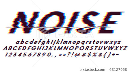 Glitch font oblique on a white background, digital image error, distortion of letters and characters, 3d stereo effect, blue and red color channel offset Glitch font oblique on a white background, digital image error, distortion of letters and characters, 3d stereo effect, blue and red color channel offset 68127968