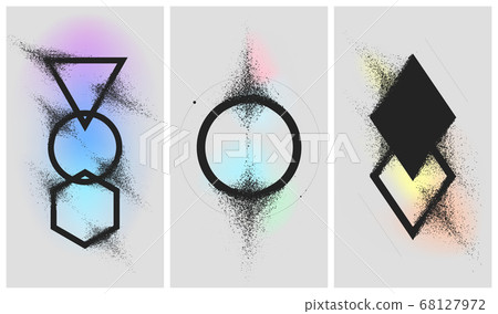 Geometric shapes dissolve into dust on a gradient background, splitting particles spray effect, set of vector illustrations 16-9 68127972