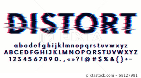 Futuristic digital distortion stylized alphabet, glitch font with lowercase and uppercase letter, numbers and symbols, 3d stereo effect, vector illustration Futuristic digital distortion stylized alphabet, glitch font with lowercase and uppercase letter, numbers and symbols, 3d stereo effect, vector illustration 68127981