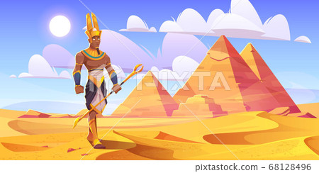 Ancient Egyptian god Amun in desert with pyramids 68128496