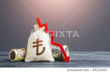 Turkish lira money bag and red down arrow. Economic difficulties fall. Stagnation, recession, declining business activity, falling wealth. Crisis, loss money savings. Capital flow, high risks. Turkish lira money bag and red down arrow. Economic difficulties fall. Stagnation, recession, declining business activity, falling wealth. Crisis, loss money savings. Capital flow, high risks. 68128947