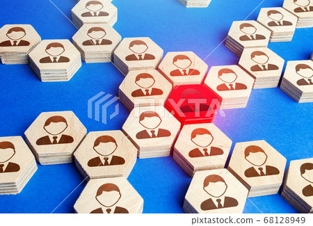 Red figurine of an employee in a big business company structure. Toxic and unreliable worker, bad influence. Leadership, teamwork. Staff relationships. Founder of the company, uniting around idea. 68128949