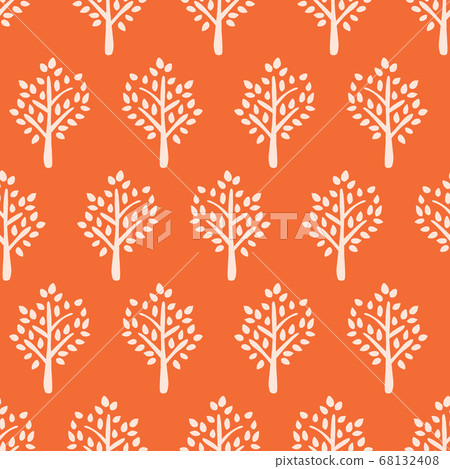 Seamless vector pattern trees white on orange. Tree silhouette fall background. Use for fabric 68132408