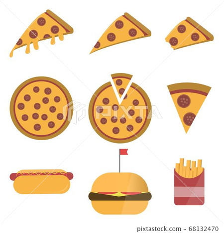 Fast food icons set. Pizza slice, hot dog, Fast food icons set. Pizza slice, hot dog, 68132470