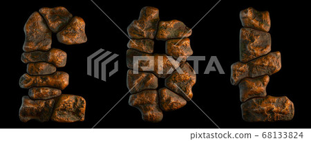 Set of rocky symbols lira, litecoin and dashcoin. Font of stone on black background. 3d Set of rocky symbols lira, litecoin and dashcoin. Font of stone on black background. 3d 68133824