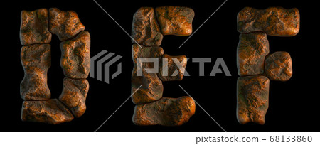 Set of rocky letters D, E, F. Font of stone on black background. 3d Set of rocky letters D, E, F. Font of stone on black background. 3d 68133860
