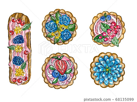 Set of beautiful cakes and eclairs with fruits and 68135099