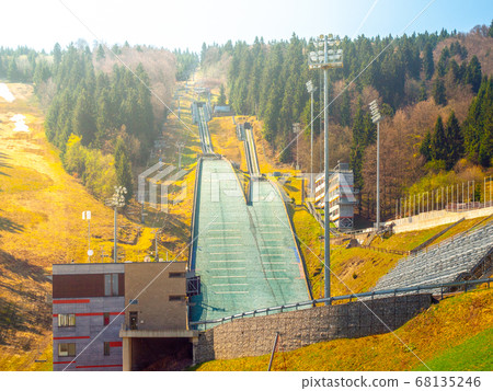 Two ski jumps in Jested Arena in summer. Liberec, Czech Republic Two ski jumps in Jested Arena in summer. Liberec, Czech Republic 68135246
