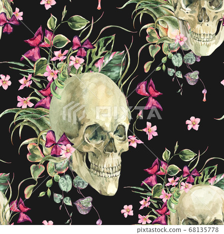 Watercolor floral skull seamless pattern with - Stock Illustration ...