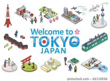 歡迎來到東京。旅遊勝地的例證圖像在東京。等距的等距圖。 歡迎來到東京。旅遊勝地的例證圖像在東京。等距的等距圖。 68138698