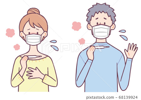 Women and men wearing masks and measuring body temperature with a thermometer 68139924
