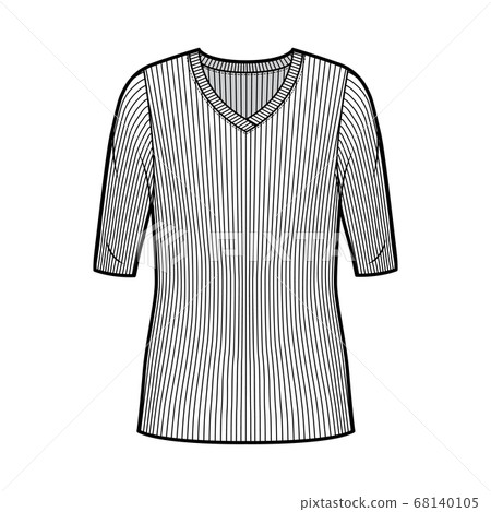 Ribbed V-neck knit sweater technical fashion illustration with elbow sleeves, oversized body, tunic length.  68140105