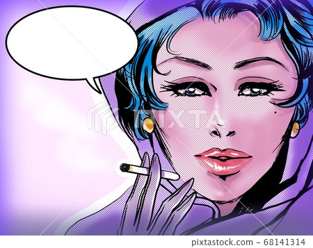 A beautiful woman wearing an American comic scarf and a cigarette 68141314