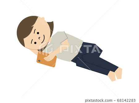 Illustration of a girl playing with a smartphone while sleeping 68142283