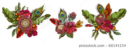 Flower bouquet of colored banana palm leaves, hibiscus, solanum, bromeliad, peacock feathers, protea Flower bouquet of colored banana palm leaves, hibiscus, solanum, bromeliad, peacock feathers, protea 68143154
