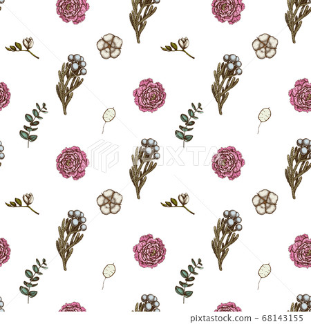 Seamless pattern with hand drawn colored ficus, eucalyptus, peony, cotton, freesia, brunia Seamless pattern with hand drawn colored ficus, eucalyptus, peony, cotton, freesia, brunia 68143155