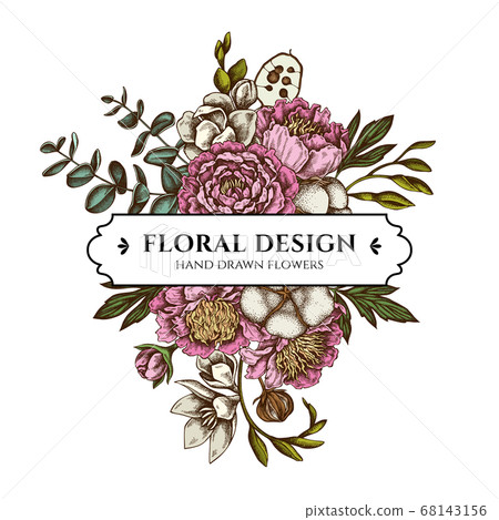 Floral bouquet design with colored ficus, eucalyptus, peony, cotton, freesia, brunia Floral bouquet design with colored ficus, eucalyptus, peony, cotton, freesia, brunia 68143156