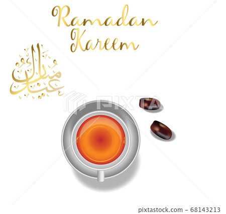 Ramadan Kareem with premium dates and a cup of tea . Arabic design background. Handwritten greeting card. Vector illustration  68143213