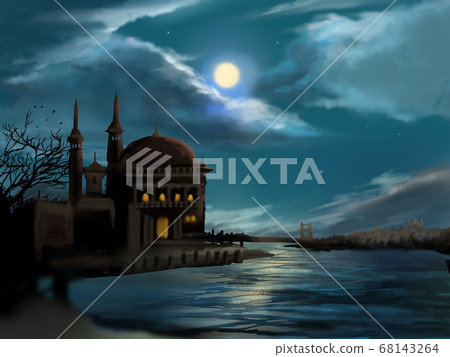 Night view of shining stars, floating clouds and mosque in the night sky 68143264