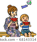 Mother and child eating watermelon while having a cool evening sun 68143314