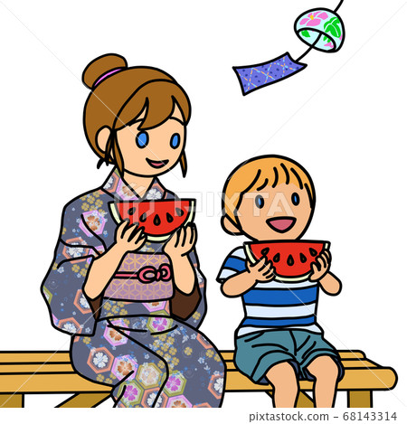 Mother and child eating watermelon while having a cool evening sun 68143314