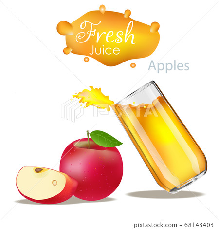 Juice splash with apple isolated on white. Vector image, Fresh fruits and splashes, 3d vector icon set Juice splash with apple isolated on white. Vector image, Fresh fruits and splashes, 3d vector icon set 68143403