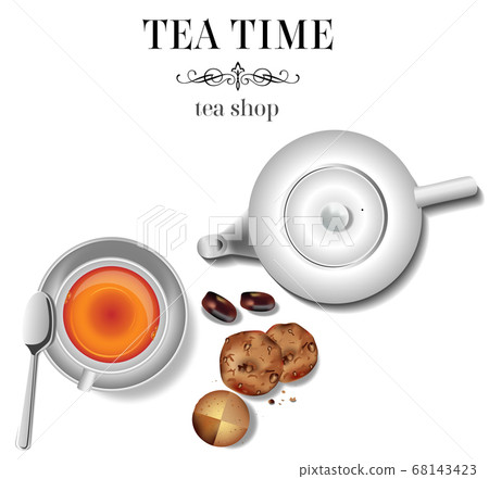 White porcelain teapot on the table and white cup with tea on the table. View from above. Copy space. Vector illustration White porcelain teapot on the table and white cup with tea on the table. View from above. Copy space. Vector illustration 68143423