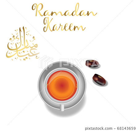Ramadan Kareem with premium dates and a cup of tea . Arabic design background. Handwritten greeting card. Vector illustration  68143659