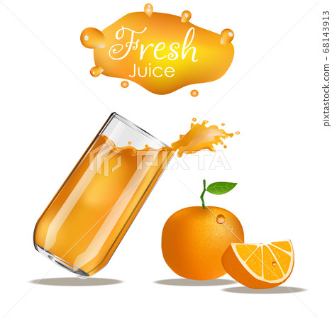 Orange juice splash. Splashes of glass orange. Orange juice advertising realistic design. Isolated objects on white background Orange juice splash. Splashes of glass orange. Orange juice advertising realistic design. Isolated objects on white background 68143913