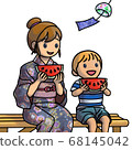 A real version of a mother and baby eating watermelon while having a cool evening 68145042