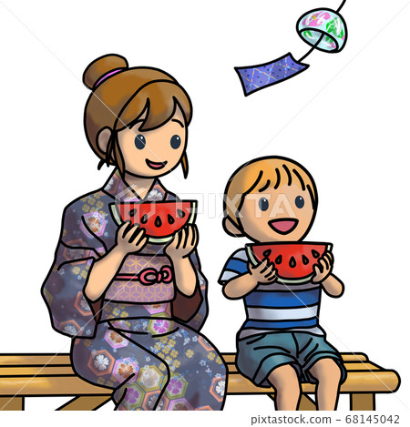 A real version of a mother and baby eating watermelon while having a cool evening 68145042