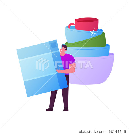 Tiny Male Character Hold Sponge for Washing Dishes Stand at Huge Pile of Clean Sparkling Crockery Kitchenware, Household 68145546