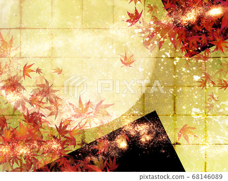 秋葉和滿月鍍金漆背景閃光日本的水平秋天背景 68146089