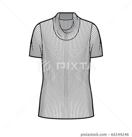 Ribbed cowl turtleneck knit sweater technical fashion illustration with short rib sleeves, oversized body, tunic length Ribbed cowl turtleneck knit sweater technical fashion illustration with short rib sleeves, oversized body, tunic length 68149246