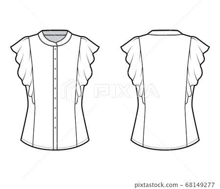 Shirt technical fashion illustration with fitted body, mandarin collar, front button fastenings, ruffled sleeves. Shirt technical fashion illustration with fitted body, mandarin collar, front button fastenings, ruffled sleeves. 68149277