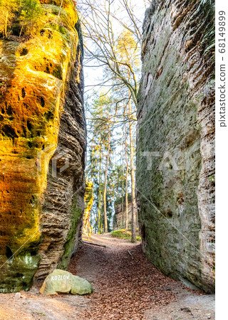 Narrow pass through sandstone rock formation at Chlum - Kozlov Castle Ruins, Bohemian Paradise, Czech Republic 68149899