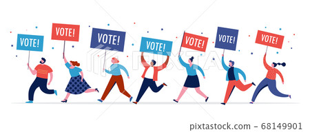 Group of people, walking with flags to elections. Crowd of women and men at a demonstration. Concept Group of people, walking with flags to elections. Crowd of women and men at a demonstration. Concept 68149901