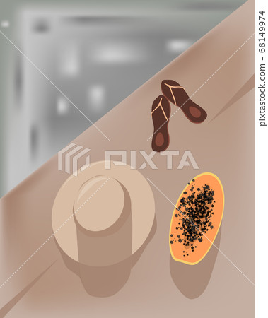 Hat, pair of slippers and a slice of papaya on a 68149974
