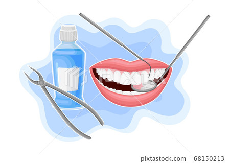 Open Mouth with Dental Tools and Bottle of Oral Rinse or Mouthwash for Oral Hygiene Vector Composition Open Mouth with Dental Tools and Bottle of Oral Rinse or Mouthwash for Oral Hygiene Vector Composition 68150213