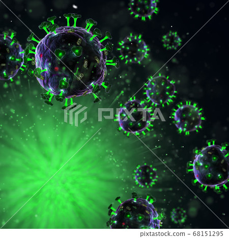 3d render of pathogenic virus organism or bacteria infecting and causing disease. Close up from microscope of coronavirus. 3d render of pathogenic virus organism or bacteria infecting and causing disease. Close up from microscope of coronavirus. 68151295