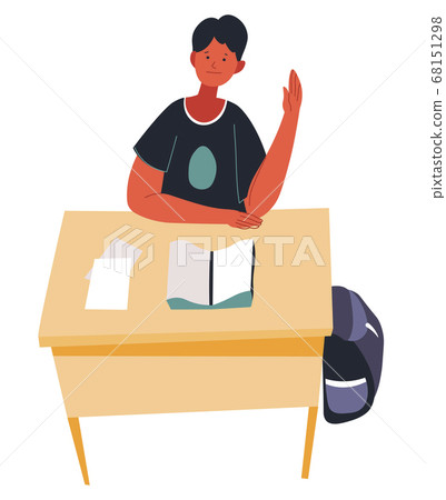 Pupil raising hand sitting by desk, school boy 68151298