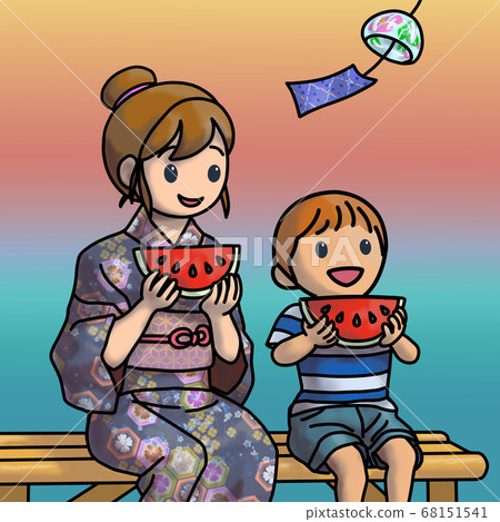 It is a background version of a mother and child eating watermelon while cooling in the evening 68151541