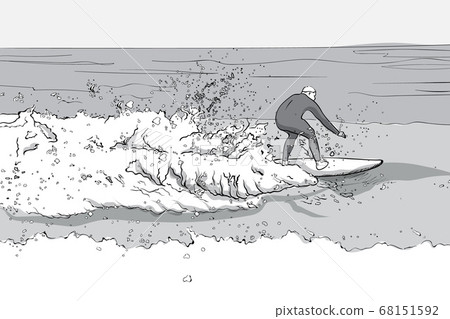 Man in dive suit surfing on a surfboard. Big 68151592