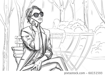 Joyful woman in sunglasses and suit talking on the 68151593