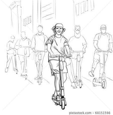 Young group of happy men riding on electric Young group of happy men riding on electric 68151598