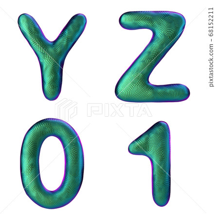 Letters set Y, Z, 0, 1 made of realistic 3d render natural green snake skin texture. 68152211