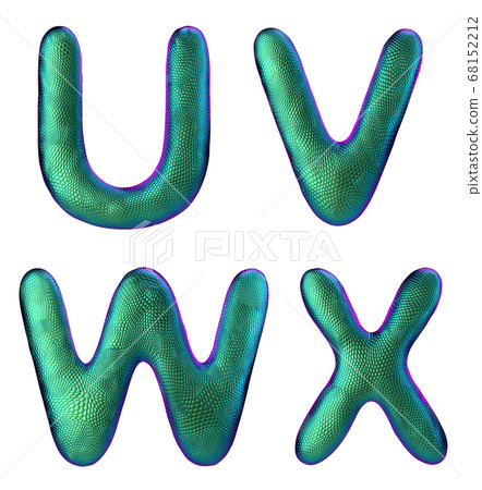 Letters set U, V, W, X made of realistic 3d render natural green snake skin texture. Letters set U, V, W, X made of realistic 3d render natural green snake skin texture. 68152212