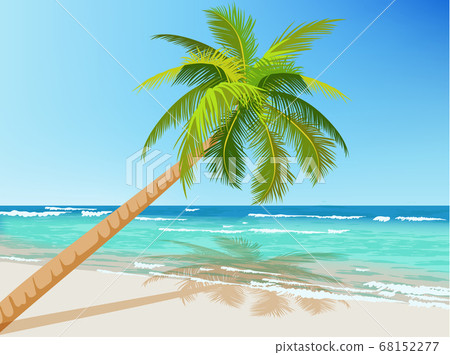 Green palm tree growing above blue sea. Waves on 68152277